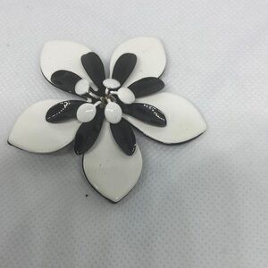 Vintage 60's Huge Black White Enamel Flower Brooch Pin